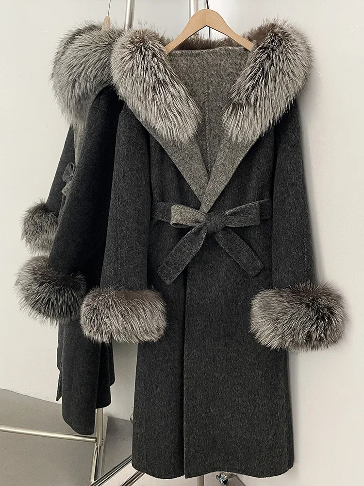 جديد 2025 ملابس خريف وشتاء طويلة مع قلنسوة للسيدات بأكمام طويلة سترة صوفية من فرو الثعلب الحقيقي أصفاد من الفرو الطبيعي معطف صوف للنساء