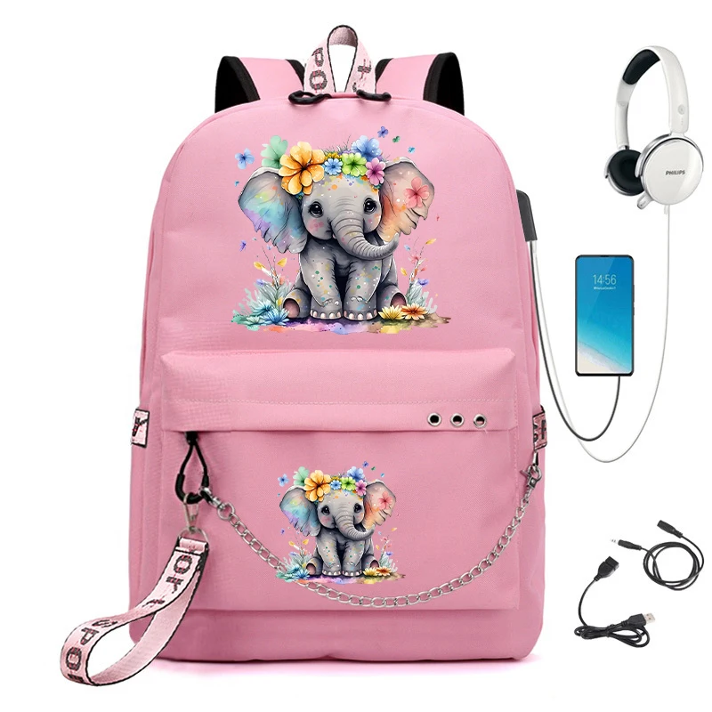 Mochila escolar de dibujos animados para niños y niñas, morral de lona con diseño Floral de elefante, Usb, novedad