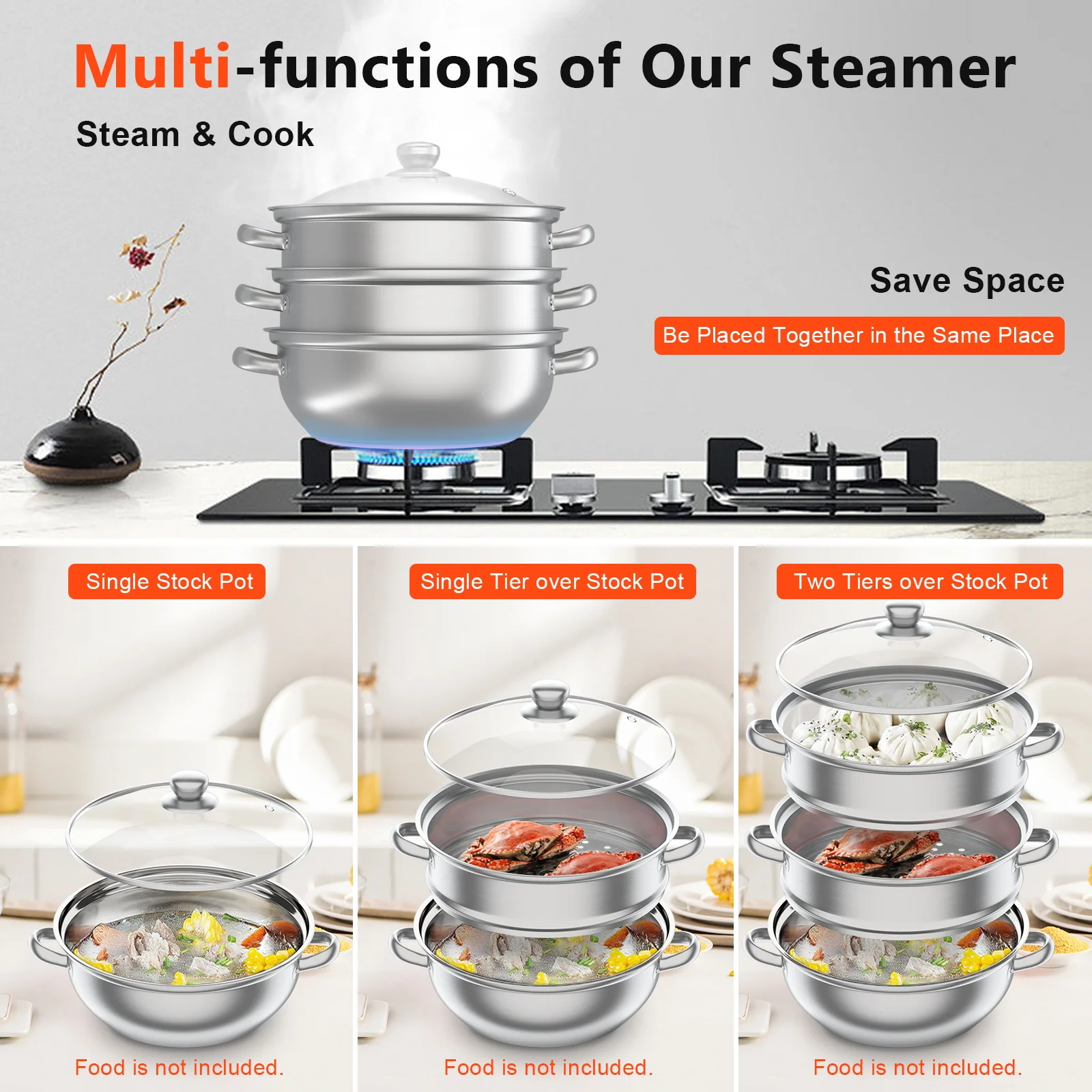 28CM Stainless Steel 3 Tier Steamer Cooker Veg Pot Set Pan Cook Food Glass Lids