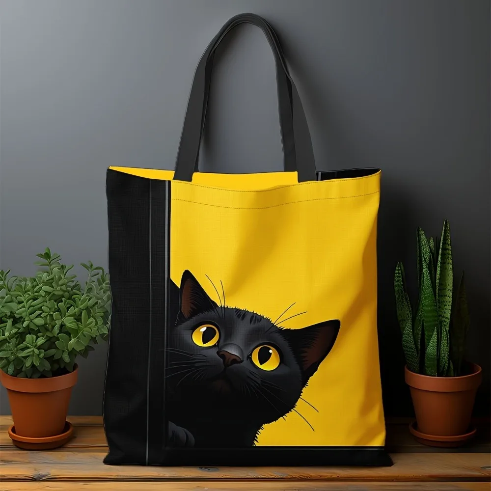 Stilvolle Einkaufstasche mit schwarzem Katzenmuster, leichte und faltbare Schulter-Einkaufstasche für Schule, Reisen, tragbare Aufbewahrungshandtasche – Detail 6