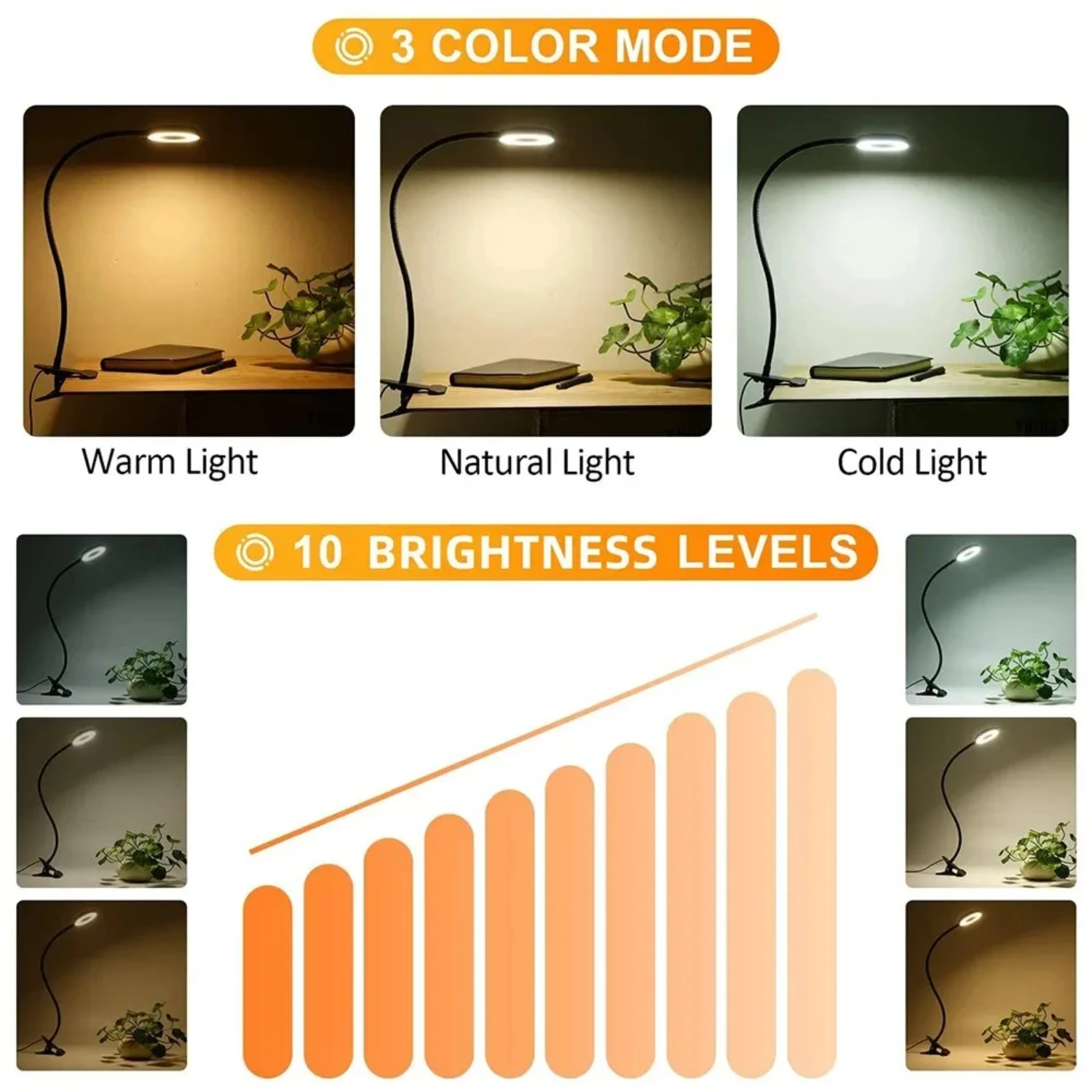 USB 충전식 LED 클램프 책상 조명, 눈 보호 독서 램프, 유연한 책 조명, 3 단계 밝기 조절 침실, 신제품