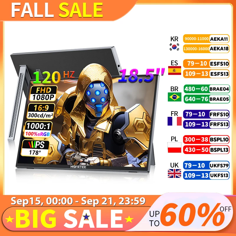 شاشة HGFRTEE مقاس 18.5 بوصة محمولة 100% SRGB 120HZ شاشات ألعاب خارجية مزدوجة النوع C للتبديل والهاتف المحمول Xbox PS4/5