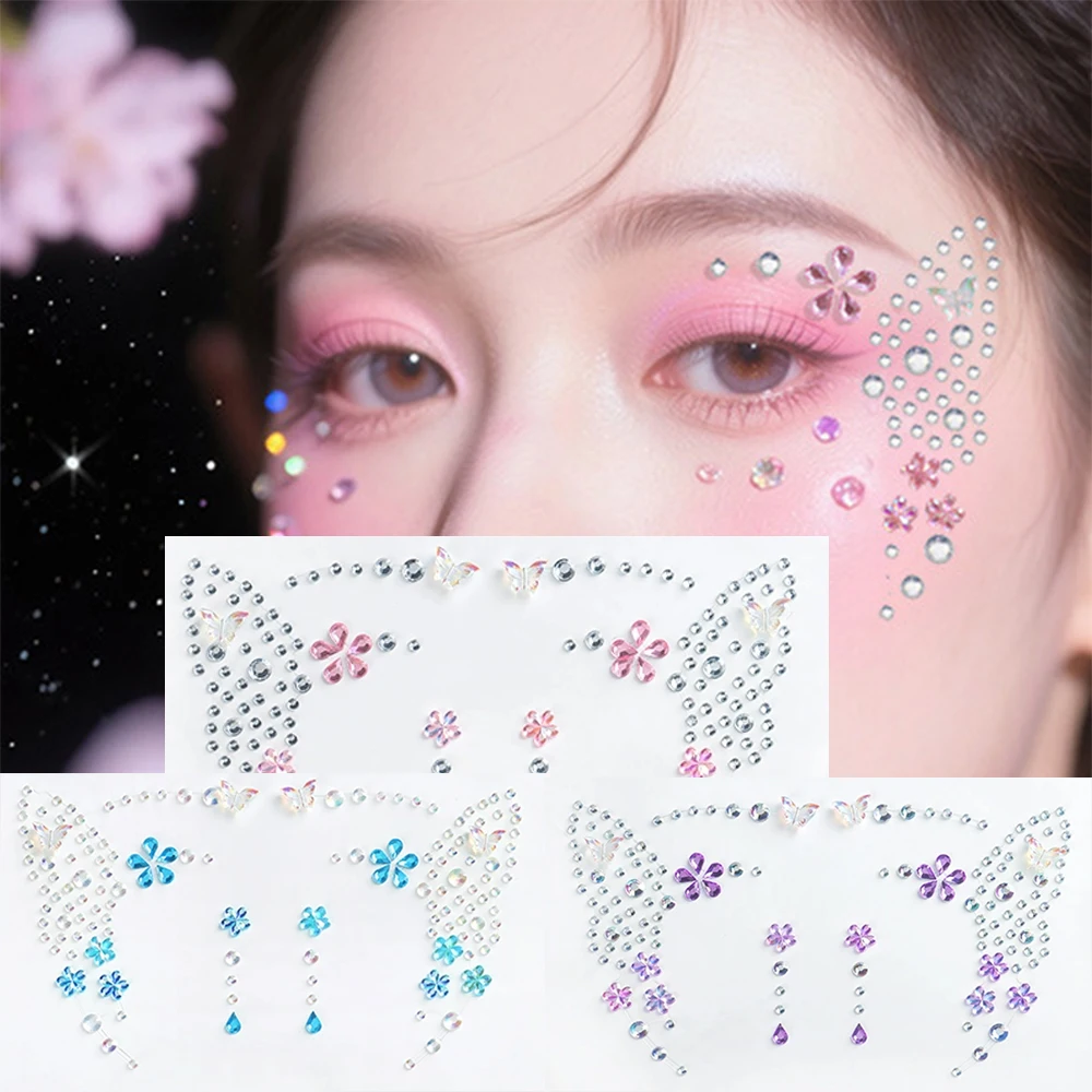 

1/3pcs Sexy Aurora Butterfly Design Diamond Tattoo Face Stickers 3D Pink/Purple/Blue Water Droplet Flower Rhinestones Face Deco﻿