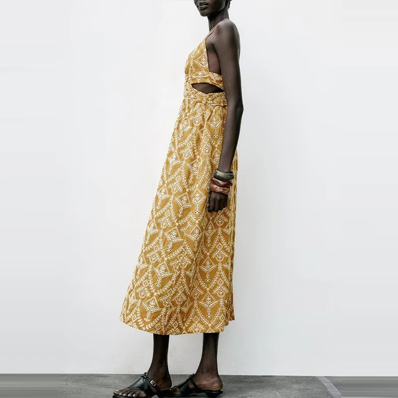 2025年夏新作 レディースファッション 刺繍プリント ノースリーブ ミディ丈ワンピース Zブランド ヨーロッパスタイル ポリエステル繊維00%