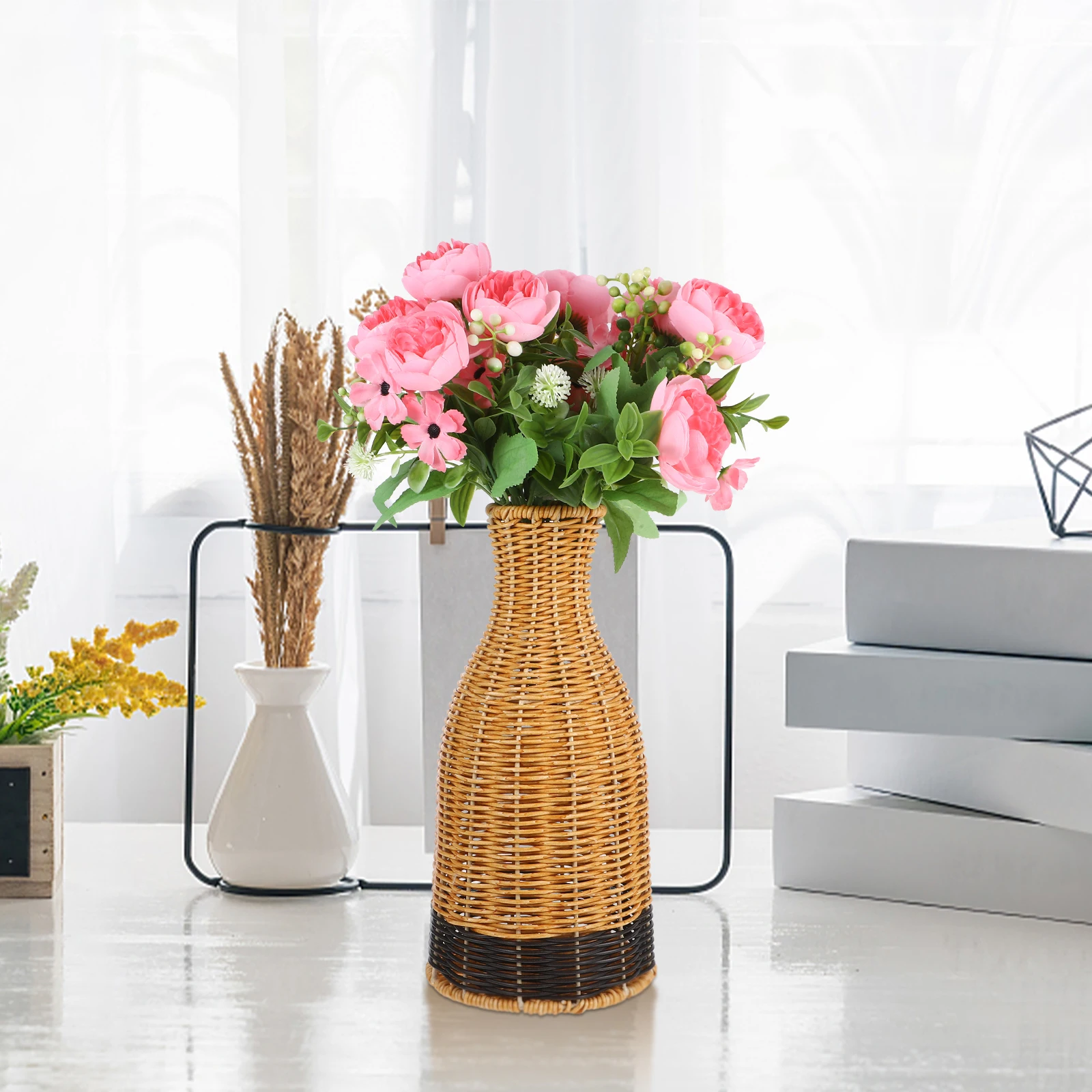 

Rustic Vase Woven Plastic Rattan Minimalist Natural Style Flower Basket Decorative Container Living Room Desktop Modern Artistic
