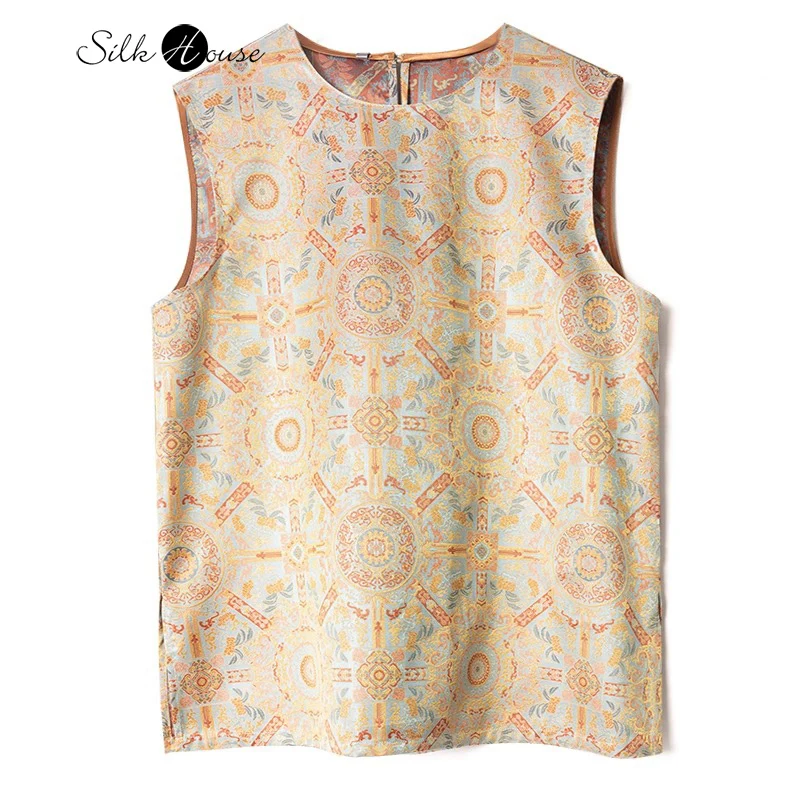 

2025 Women's Summer New Versatile Style Comfortable and Casual 100% Natural Mulberry Silk Song Brocade Round Neck Tank Top