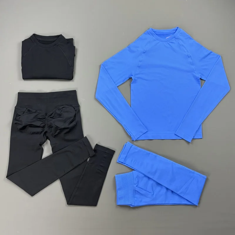 2 Pieces Gym Set Women Breathable Defy Long Sleeve Top Seamless Fitness Tummy Control Leggings Suit Running Sports Workout Sets