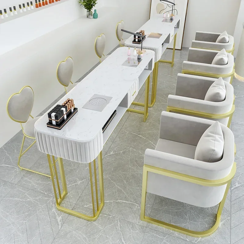 Pink Modern Nail Desk Speciality Golden Luxury Nordic Nails Table Design Metal Mesa Manicure Tisch Salon Furniture