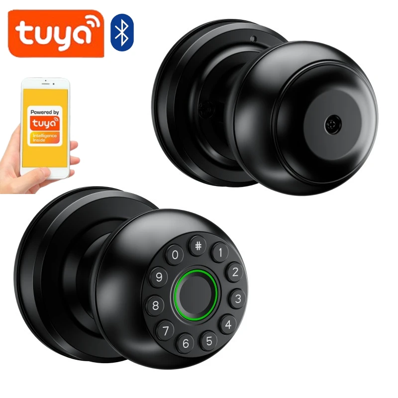 Metal Interior Door Lock Tuya SmartLife APP Smart Fingerprint Password Spherical Lock Dead Bolt for Home Wooden Metal Door