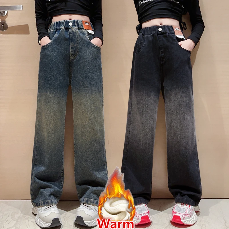 

Hot Sale Kids Girls Winter Jeans with Fleece Lined Child Elegant Straight Leg Thick Insulated Denim Pants Warm Thermal Trousers