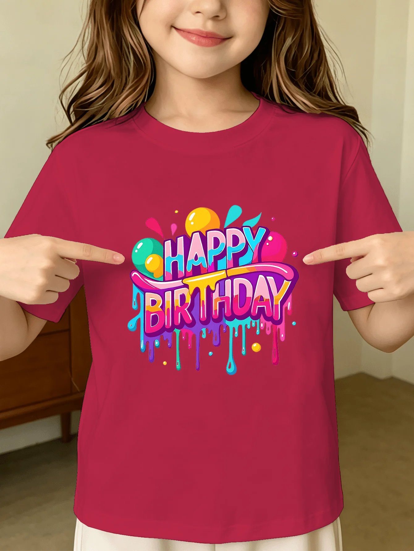 Happy Birthday Kids Tee Color Drip Letter Print Boys Girls Family Matching Cotton Summer Short Sleeve Basic Children Tshirt
