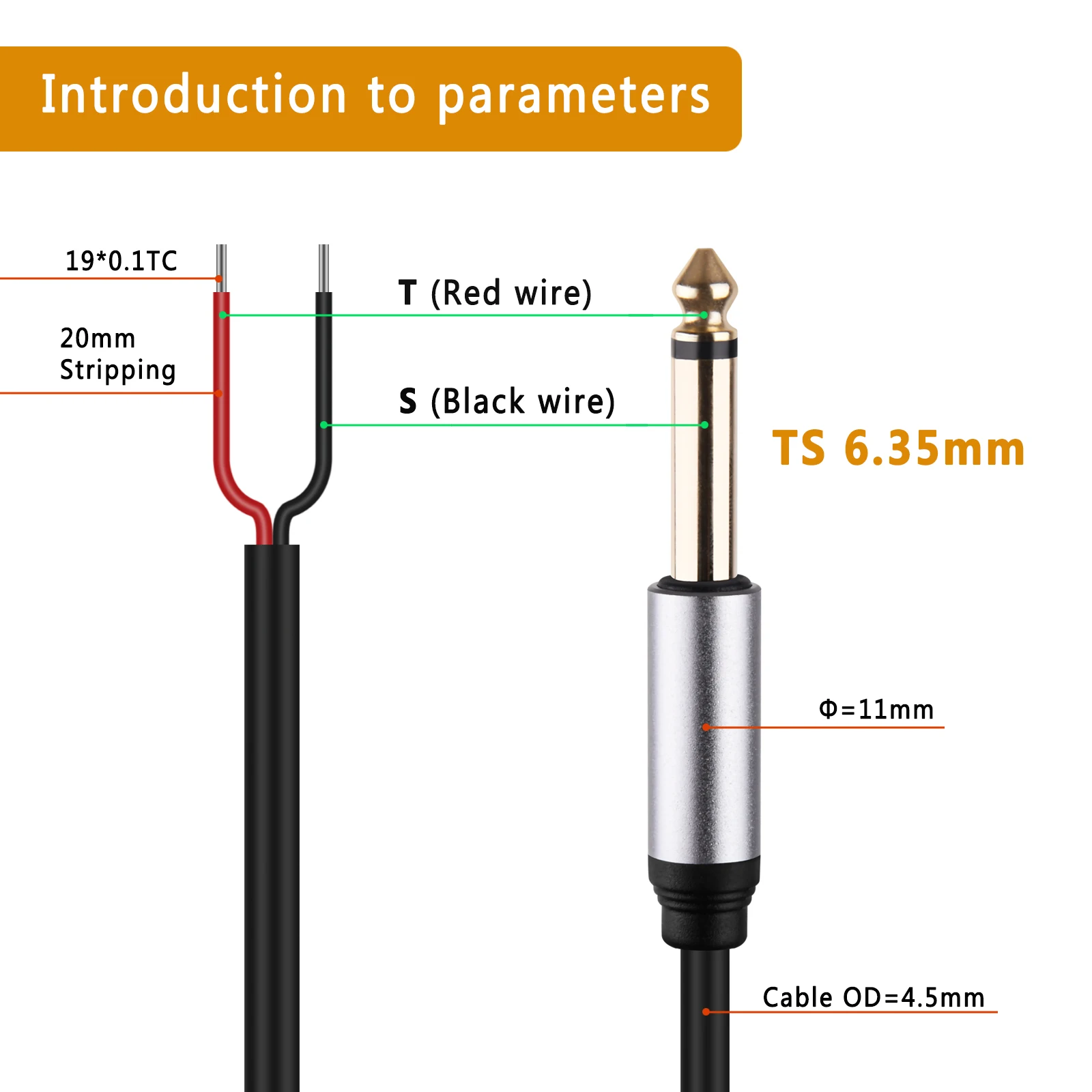 Replacement 6.35mm Male Plug to Bare Wire Open End TS 2 Pole Mono 1/4