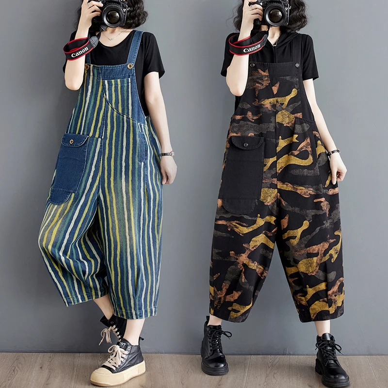 Summer New Loose plus Size Denim Print Multi Pocket Color Block Seven Inch Overalls Women Fat MM Cotton Thin Model