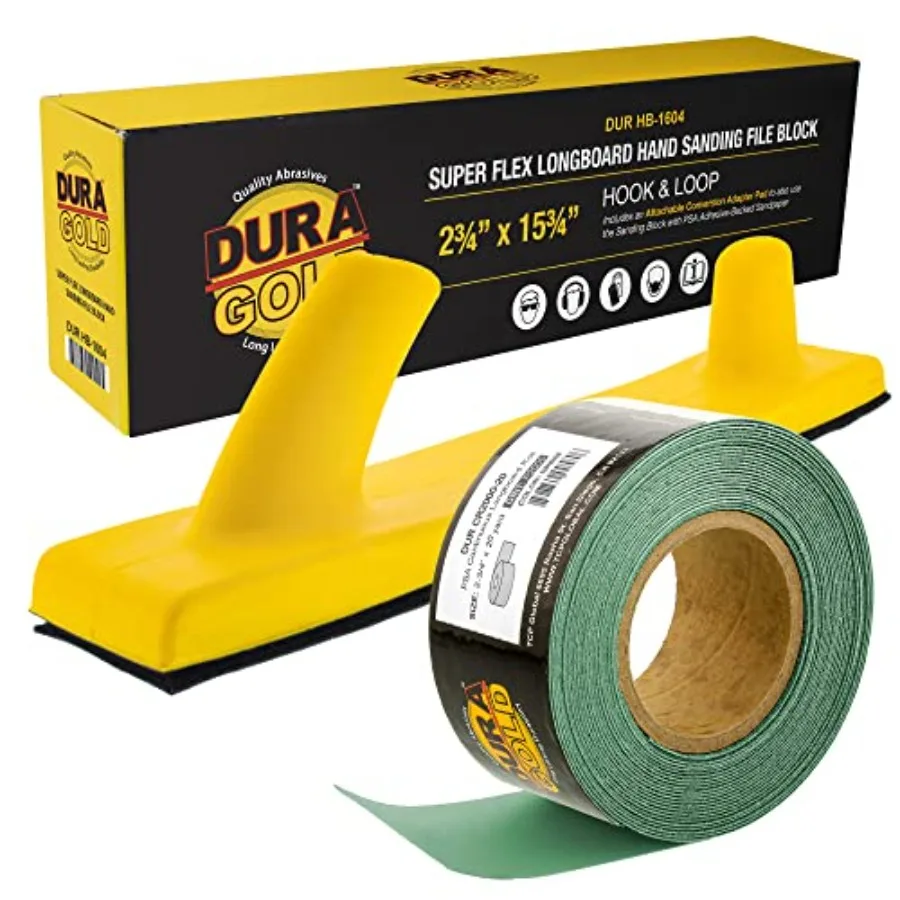 

Dura-Gold Pro Series Super Flex Longboard Hand Sanding File Block with Hook and Loop Backing and PSA Adapter Pad and 2000 Grit