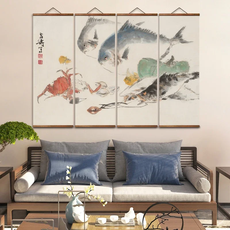 MT0919 Chinese Style sea fish crab shrimp Canvas Decorative Bedroom Wall Art Posters Chinese Solid Wood Scroll Paintings