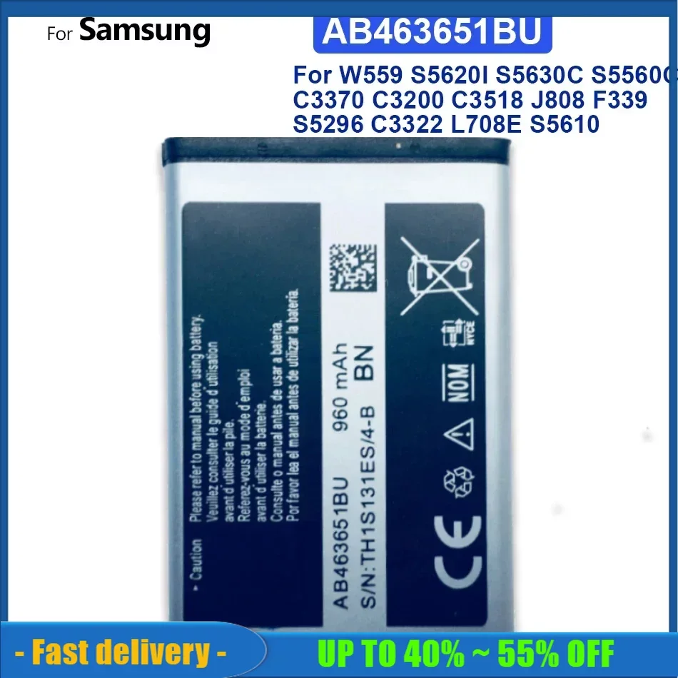 

AB463651BU Mobile Phone Battery For Samsung W559 S5620I S5630C S5560C C3370 C3200 C3518 J808 F339 S5296 C3322 GT-C3530 S5610