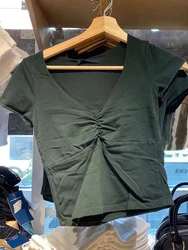 Vintage Folds V Neck Slim Crop Top Women Summer Dark Green Cotton Short Sleeve T-shirts Female Harajuku Casual Basic Tees Y2k