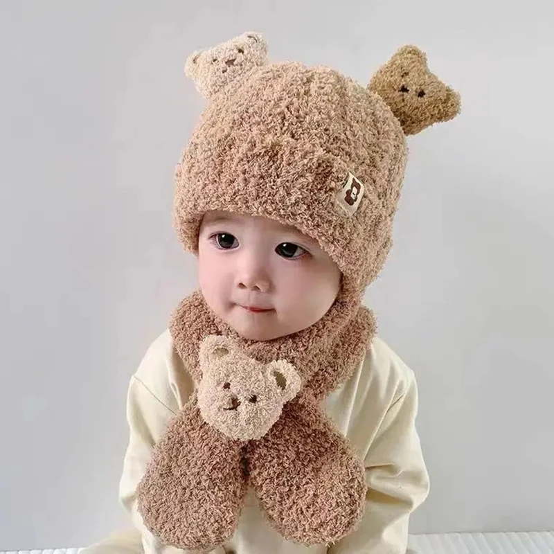 Autumn and Winter Male and Female Baby Bear Hat Scarf Two-piece Set Thickened Warm and Windproof Baby and Child Super Cute Hat