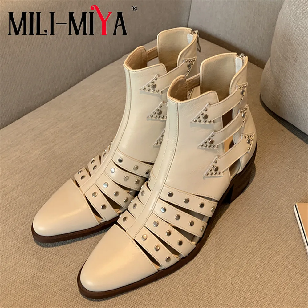 

MILI-MIYA Classic Western Shoes Hollow Splicing Rivet Women Cow Leather Ankle Sandals Boots Pointed Toe Thick Heels Handmade