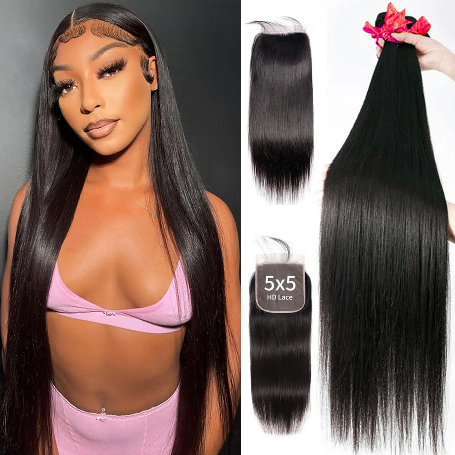 

Ulrica Raw Vietnamese Human Hair Straight Bundles With 5x5 Closure 100 Natural Color Bundles Human Hair 5x5 Closure With Bundles