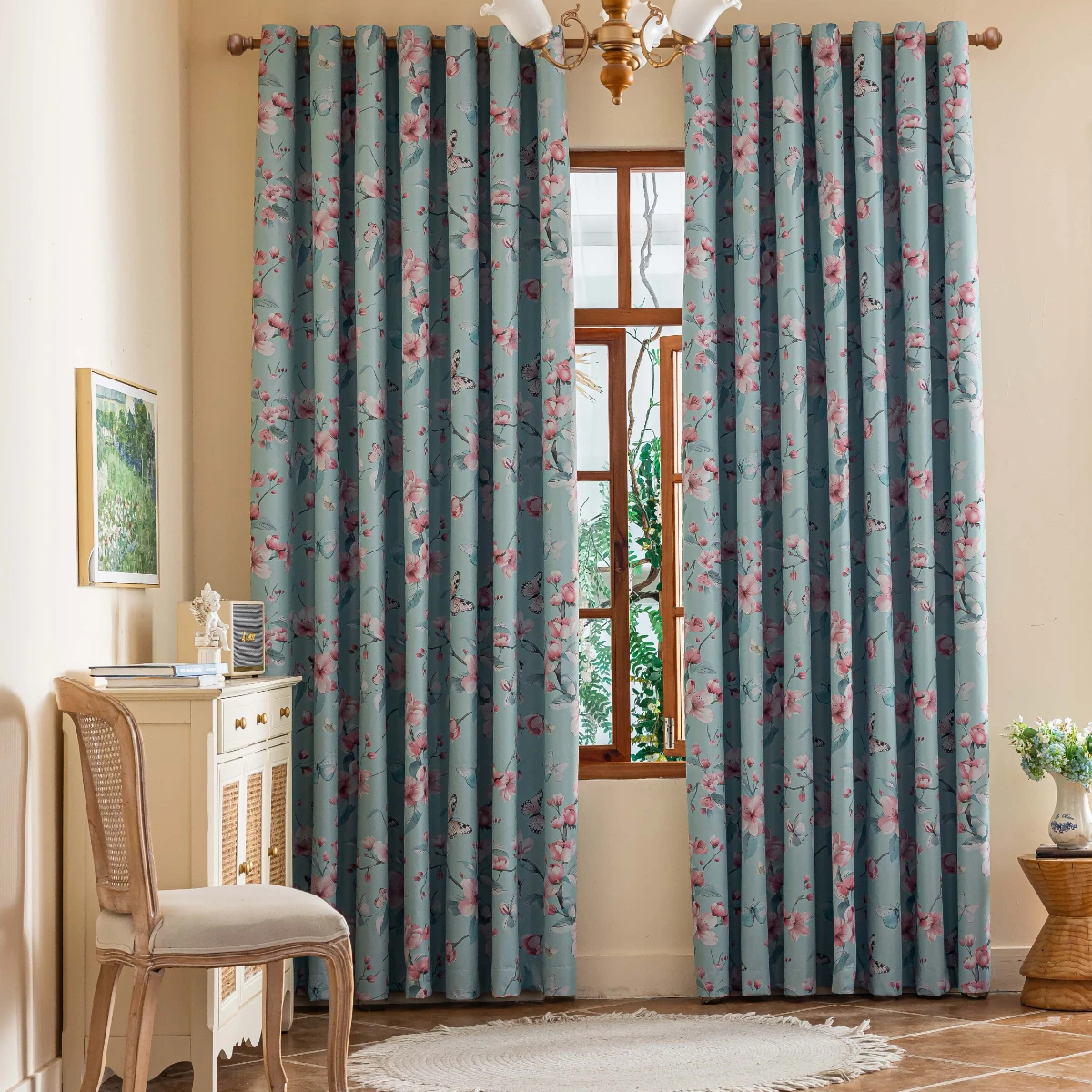 1 Piece of New Laminated Light Blue Background Curtain with Pink Flower and Butterfly Design, 100% Blackout Fabric for Home Use, Blackout and Heat-Insulating Thickened Curtains, Rod-Mounted Curtains for Living Room, Bedroom, and Study Decoration