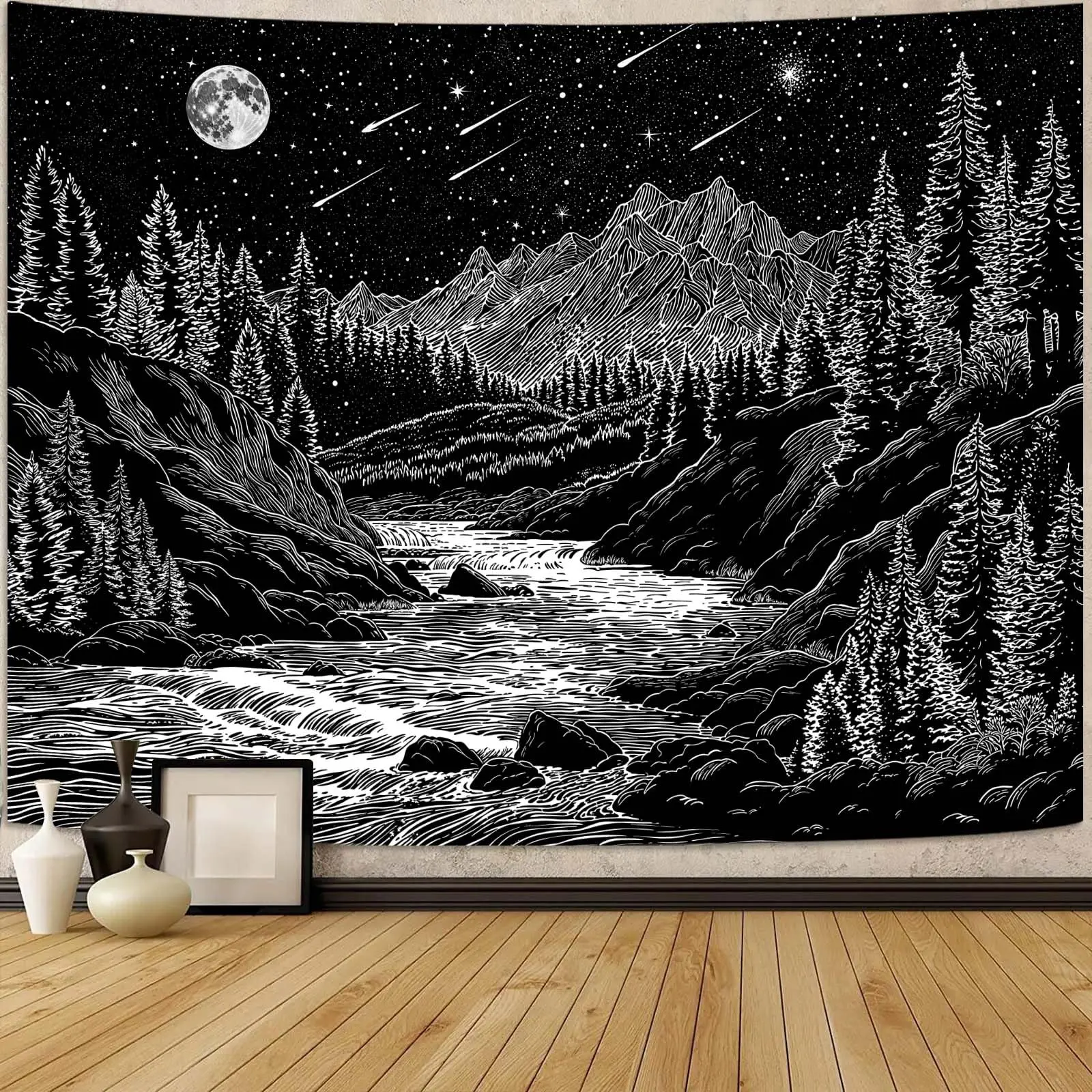 1PC Nature Forest Tree Waterfall Black Stream Print Tapestry, Boho Style, Bedroom Living Room Wall Hanging, Polyester, Wall Art