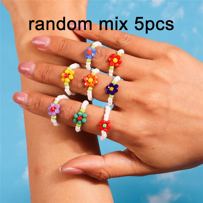 Aihua Koreanische Bunte Blume Ring Sets Böhmen Handgemachte Multi Perlen Reis Perlen Finger Ring Für Frauen Strand Schmuck Geschenke – Detail 18