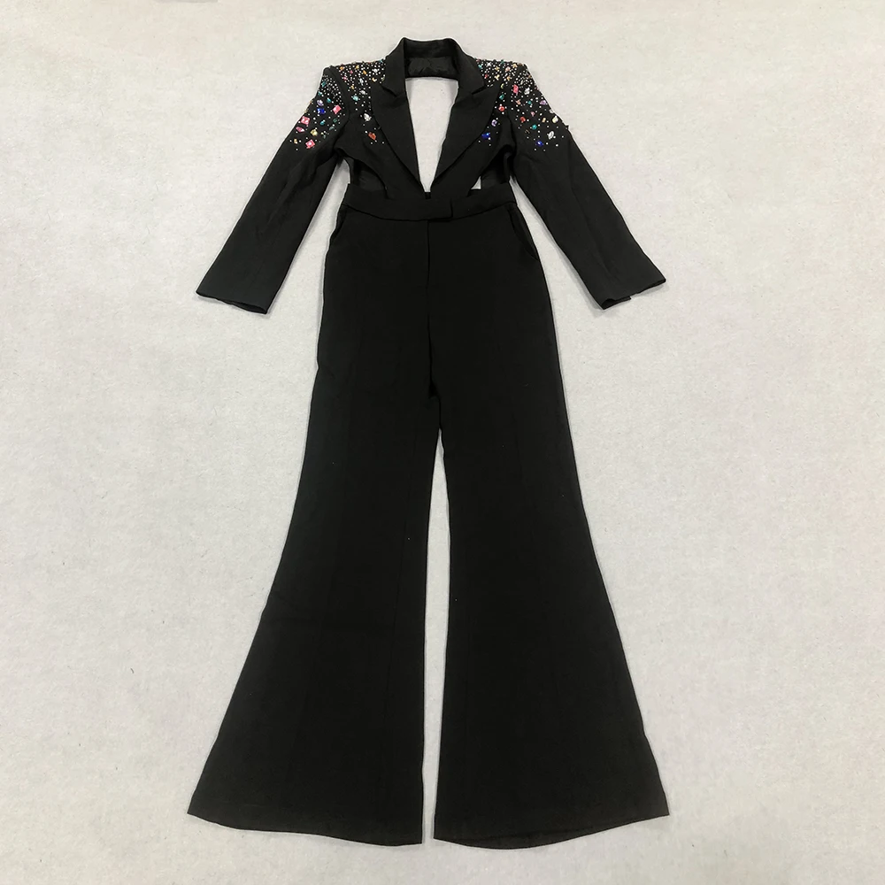 Sexy Hollow Out Long Sleeve Luxury Diamond Bodycon Jumpsuit Pencil Skinny Rompers Celebrity Evening Runway Club Jumpsuit