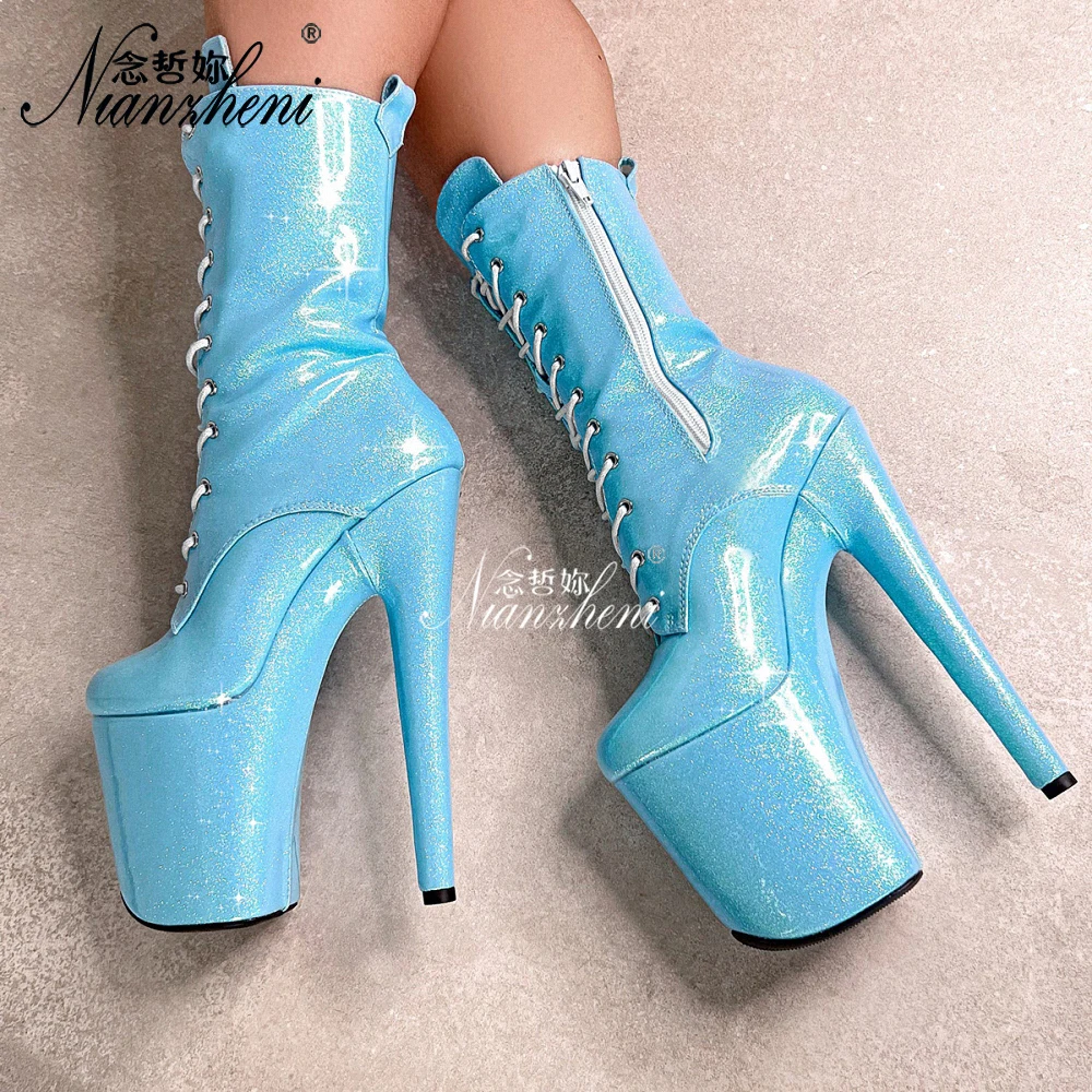 Novelty 7inches Stiletto Heels Platform Ankle Boots 17cm Pole Dance Stage Party crossdresser shoes Glitter sky blue Exotic Sexy