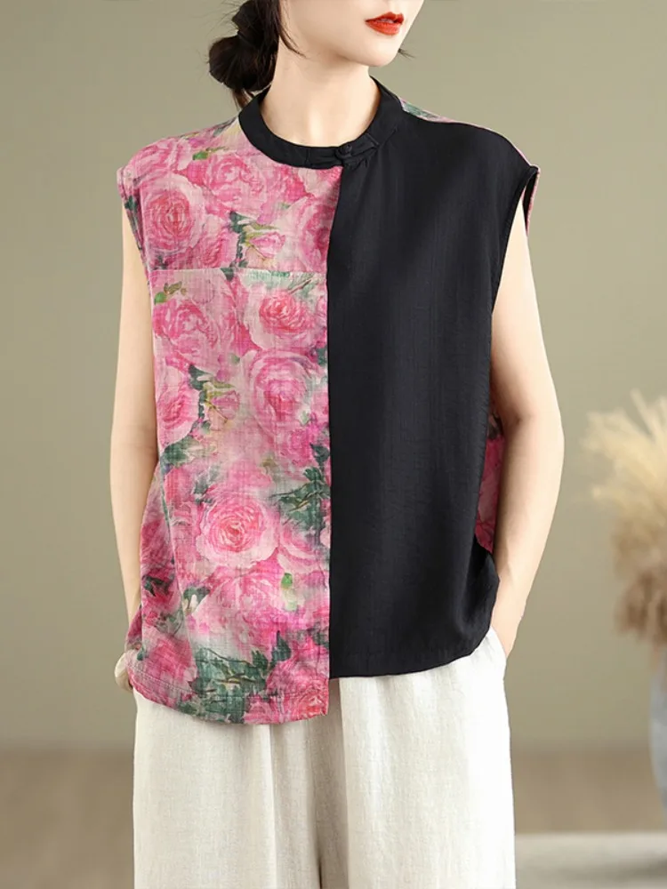 

Летний свободный хлопковый льняной топ с цветочным принтом в стиле пэчворк, женский асимметричный тонкий художественный топ, большой размер, круглый Ne