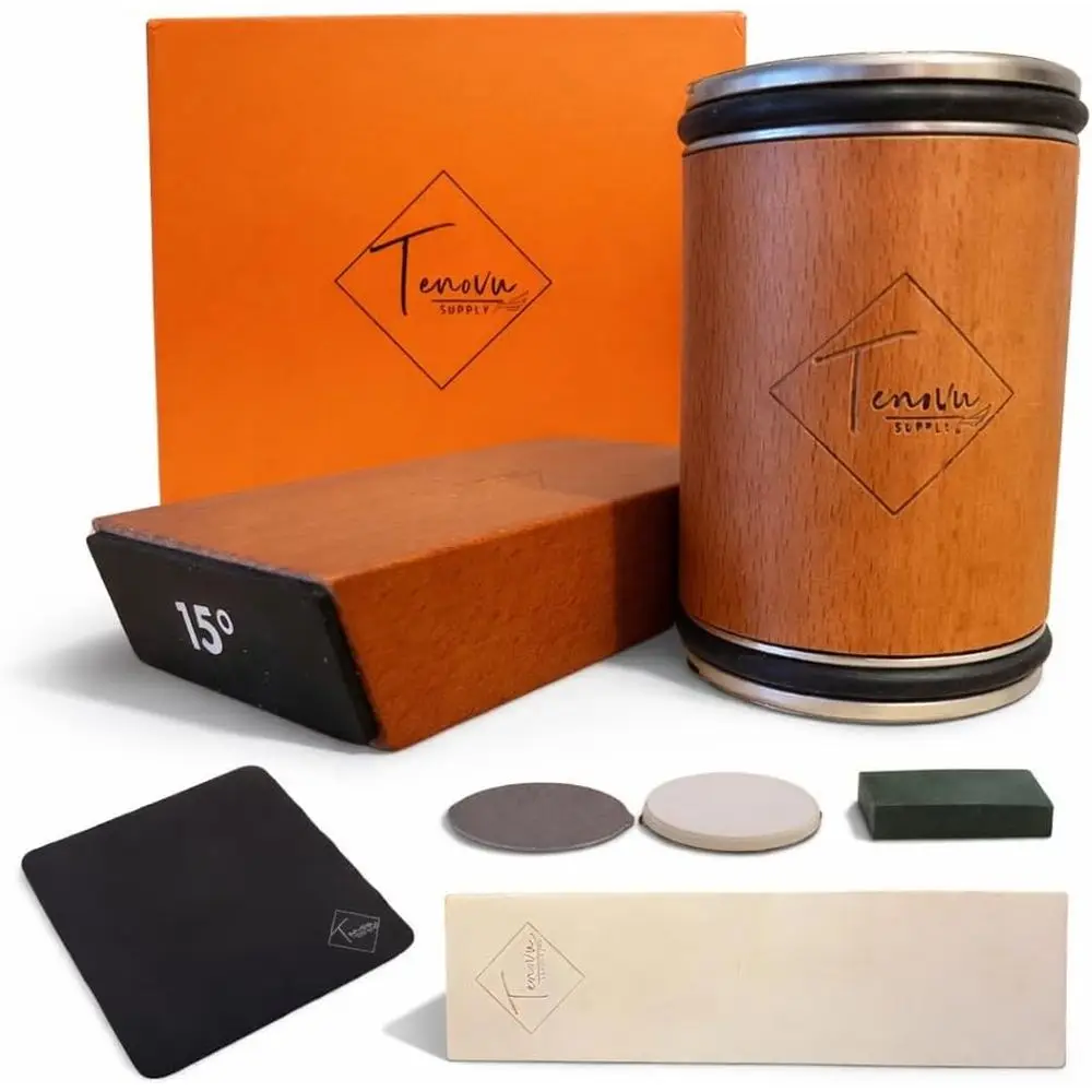 

Магнитный набор для заточки ножей с двумя углами заточки (15 и 20 градусов), со сменными алмазными дисками, кожаной притиркой, восковой смазкой и микрофиброй