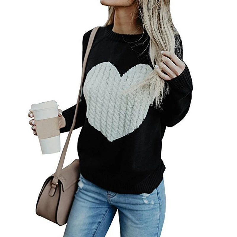 Plus Size Love Heart Knit Sweater O Neck Pullover for Women Oversized Clothing Autumn Winter