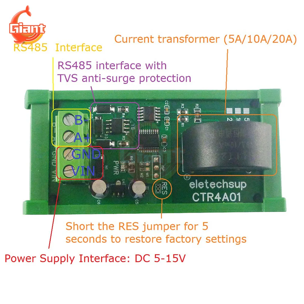 DC5-15V RS485 AC collettore analogico MODBUS RTU collettore di corrente amperometro modulo trasformatore AC scheda misuratori di tensione 5A/10A/20A