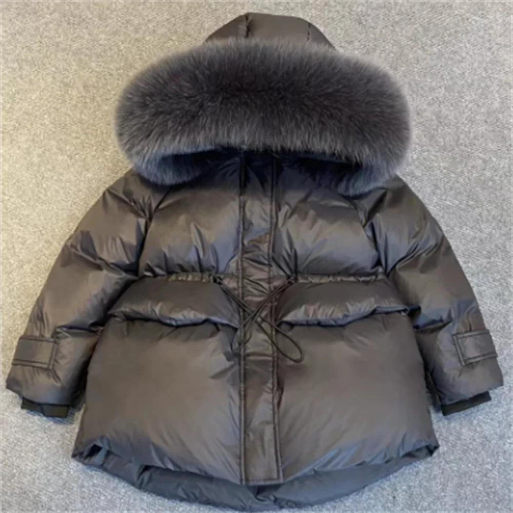 Winter New Down Jacket Real Fox Fur Children Coat Thicken Warm Kids Black Long Parkas