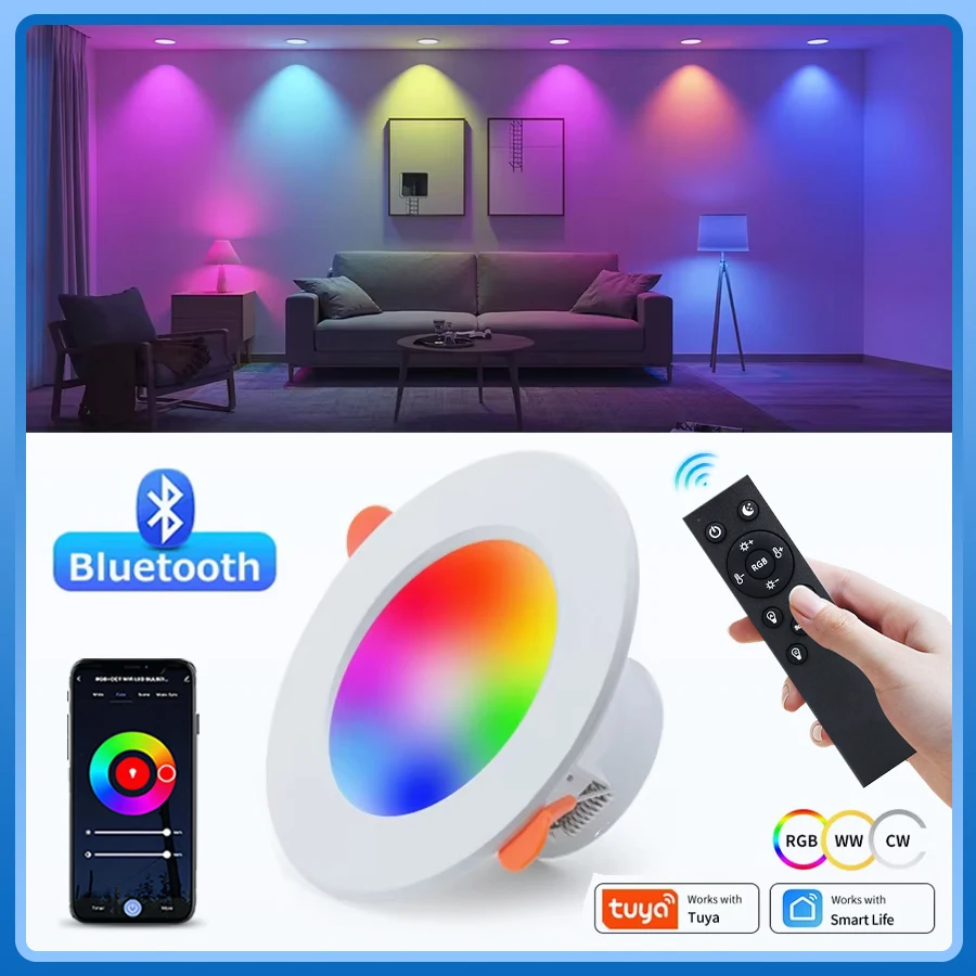 AC85-265V 220V Tuya Smart Bluetooth LED Downlight Ceiling Lamp With RF Remote Smart Life APP RGB Lamp Dimmable 10W Bedroom Decor