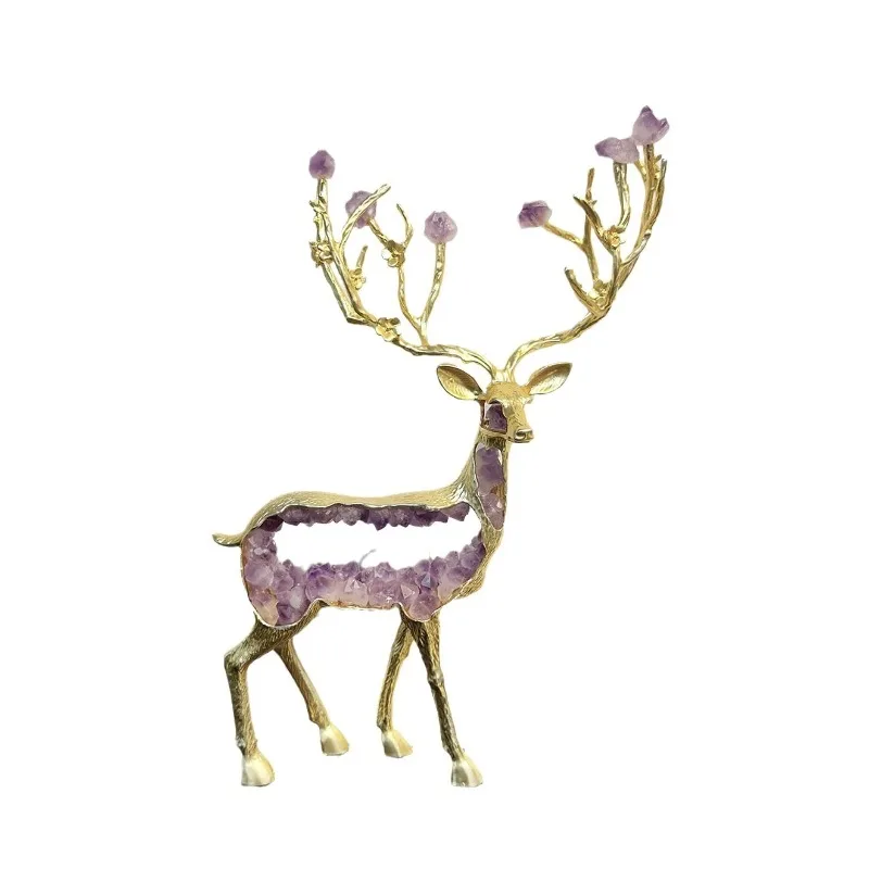Amethyst Statue Simulated Animal Sculptures Golden Deer Crystal Deer Handicrafts Metal Figurine Home Decoration Accessories