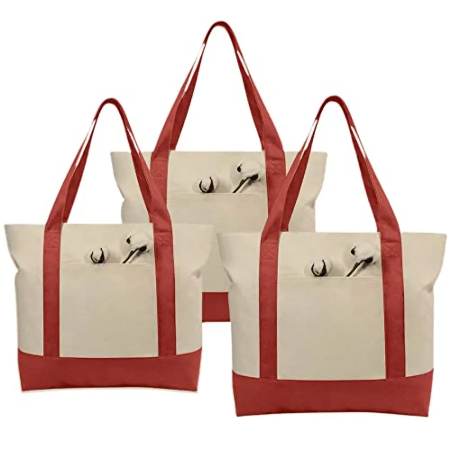 

Stylish Canvas Tote Bag with an External Pocket, Top Zipper Closure, Daily Essentials, 3 Pack, 20" x 15" x 6", Red/Natural