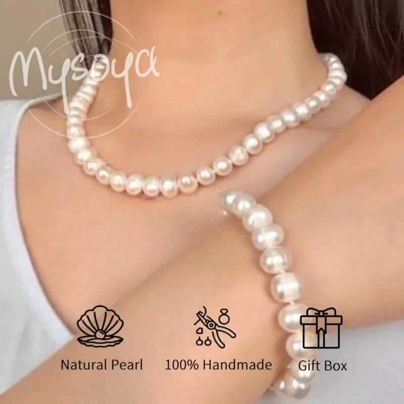 

MYSOYA White Freshwater Pearl Bracelet Necklace Set 6-7mm With Gift Box For Her/Him Birthday/Wedding/Christmas/New Year Gift