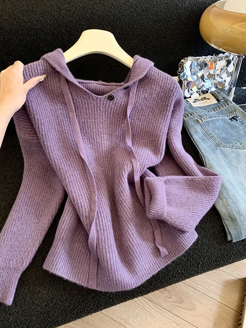 

Простой/универсальный женский свитер с капюшоном в ленивом стиле осень-зима 2025, повседневный свободный вязаный свитер, топ