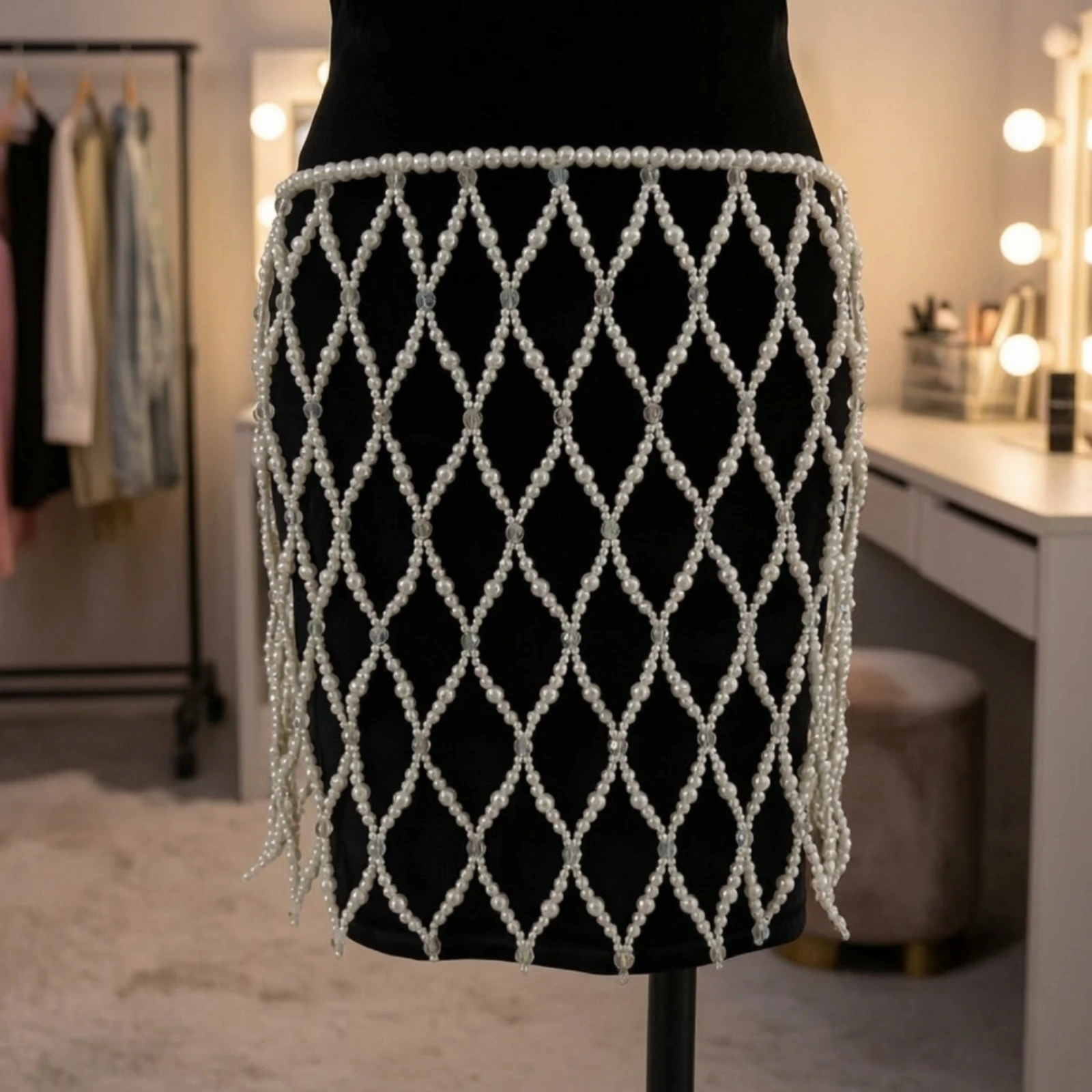 Clothing Accessory Street-Style Flared Layering Skirt with Pearl Strands for Layered Outfit Styling, Music Festivals