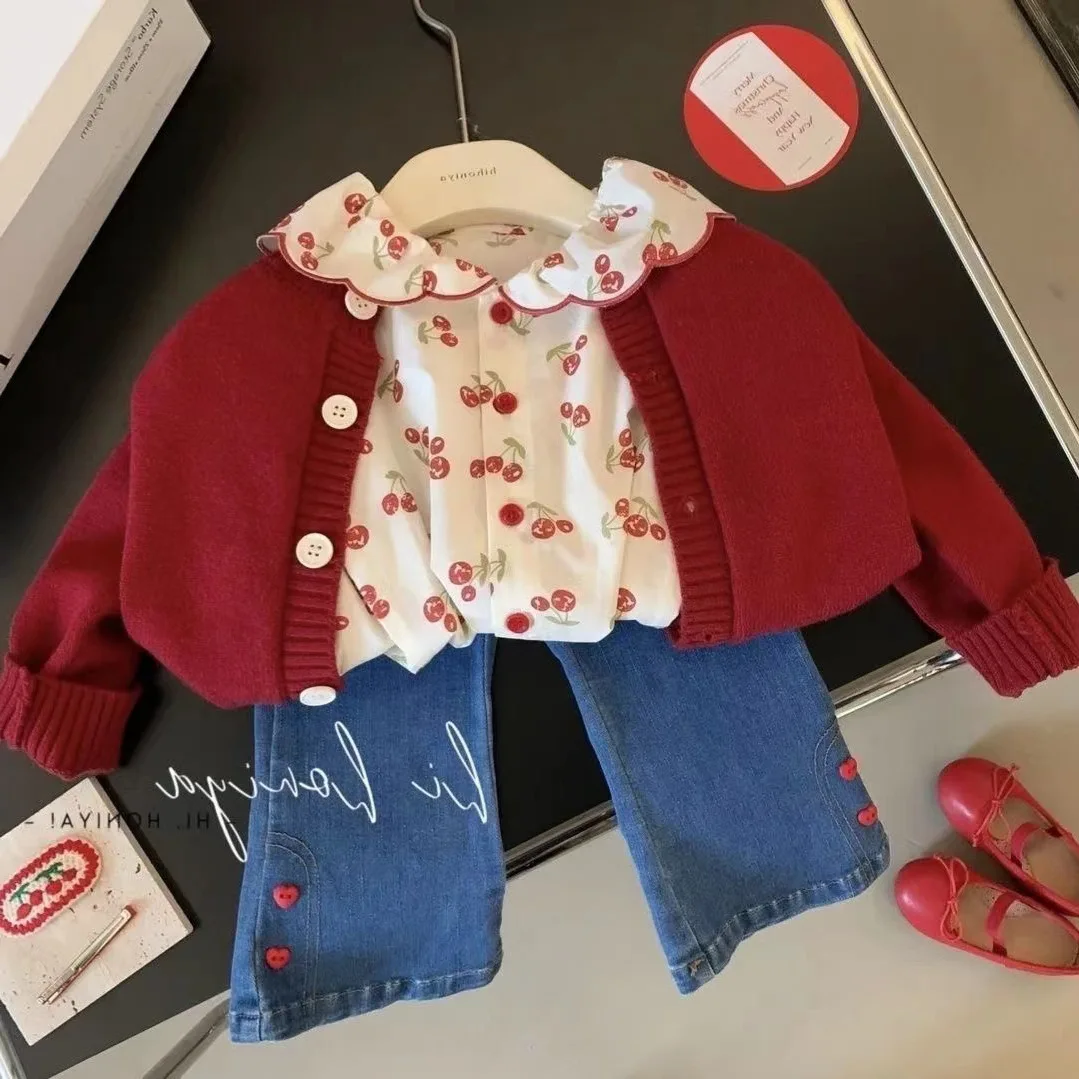 Spring Autumn 1-8Y Girl 3PCS Clothes Set All Printed Lace Collar Shirt+cardigan Coat+heart Button Flared Jeans toddler Girl Suit