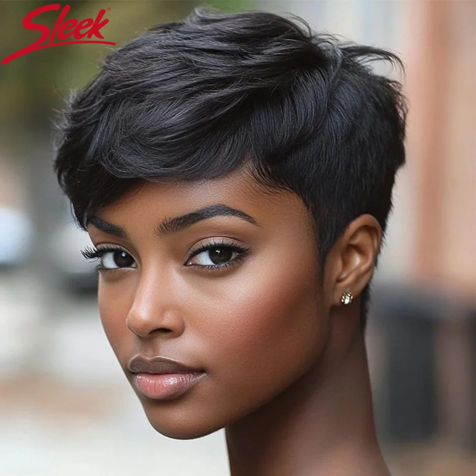 

Sleek 8 Inch Short Pixie Cut Human Hair Wigs For Women 100% Real Brazilian Hair Pixie Cut Wigs Natural Black Pixie Cut Short Wig