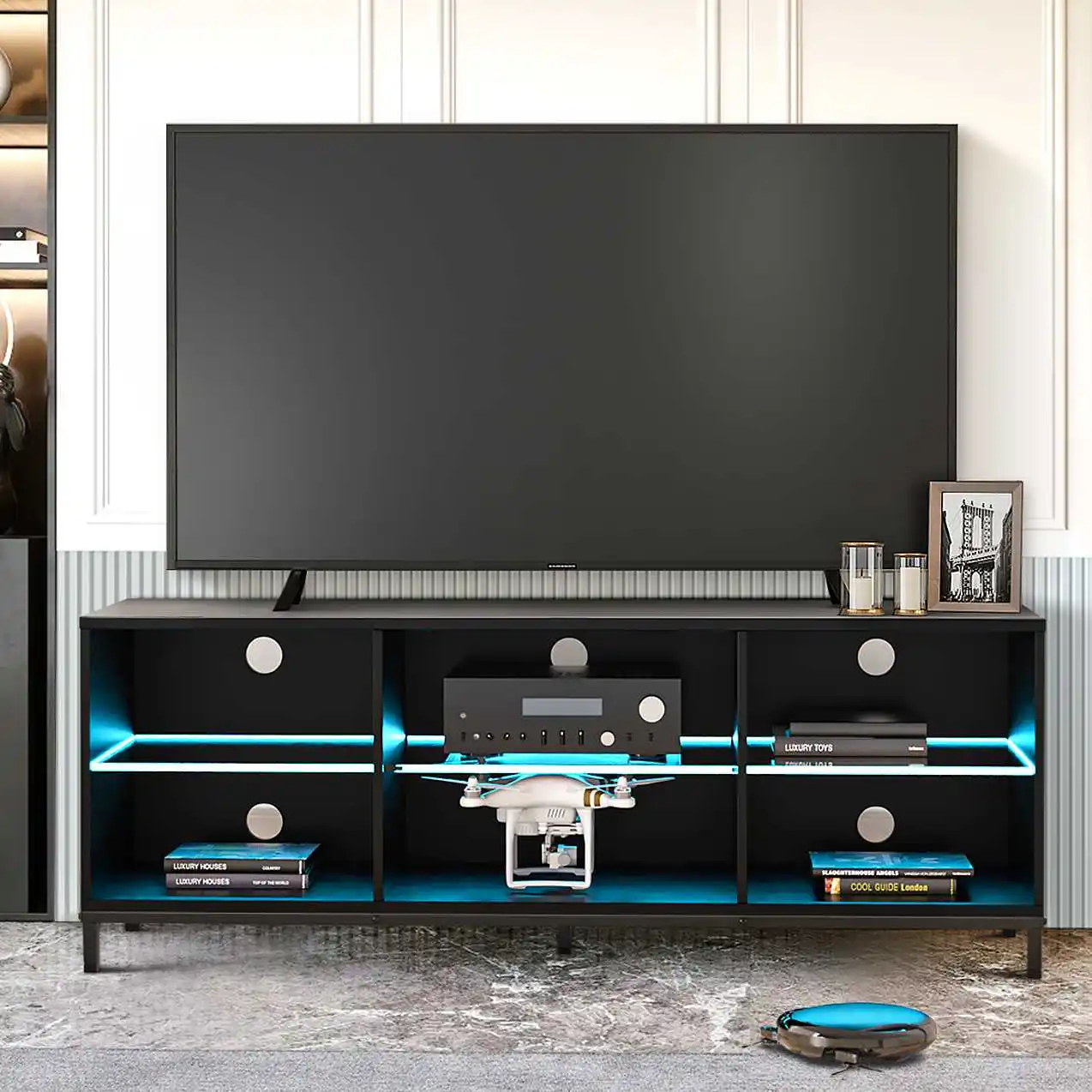 LED TV Stand for TVs up to 70in Modern Entertainment Center Storage TV Cabinet with Adjustable Shelves & Cable Managemet Black