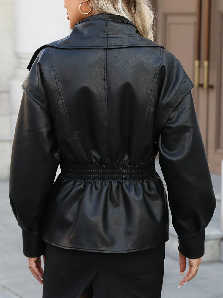 Ailegogo New Spring Autumn Women Vintage Loose Elastic Waist Zipper Black Faux Leather Jacket Outwear