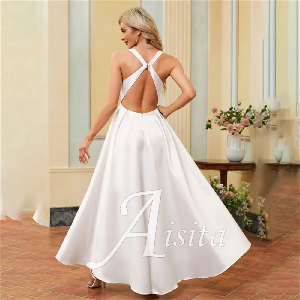 Abiti da sposa a-line personalizzati con scollo a V senza maniche Abiti da sposa asimmetrici in raso per donna Abito da sposa Abiti da sposa