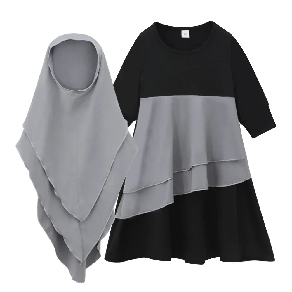 

2pcs Muslim Ramadan Set Children Girls Prayer Dress Hijab Abaya Arab Kid Long Robe with Headscarf Islam Kaftan Gown Khimar Burqa