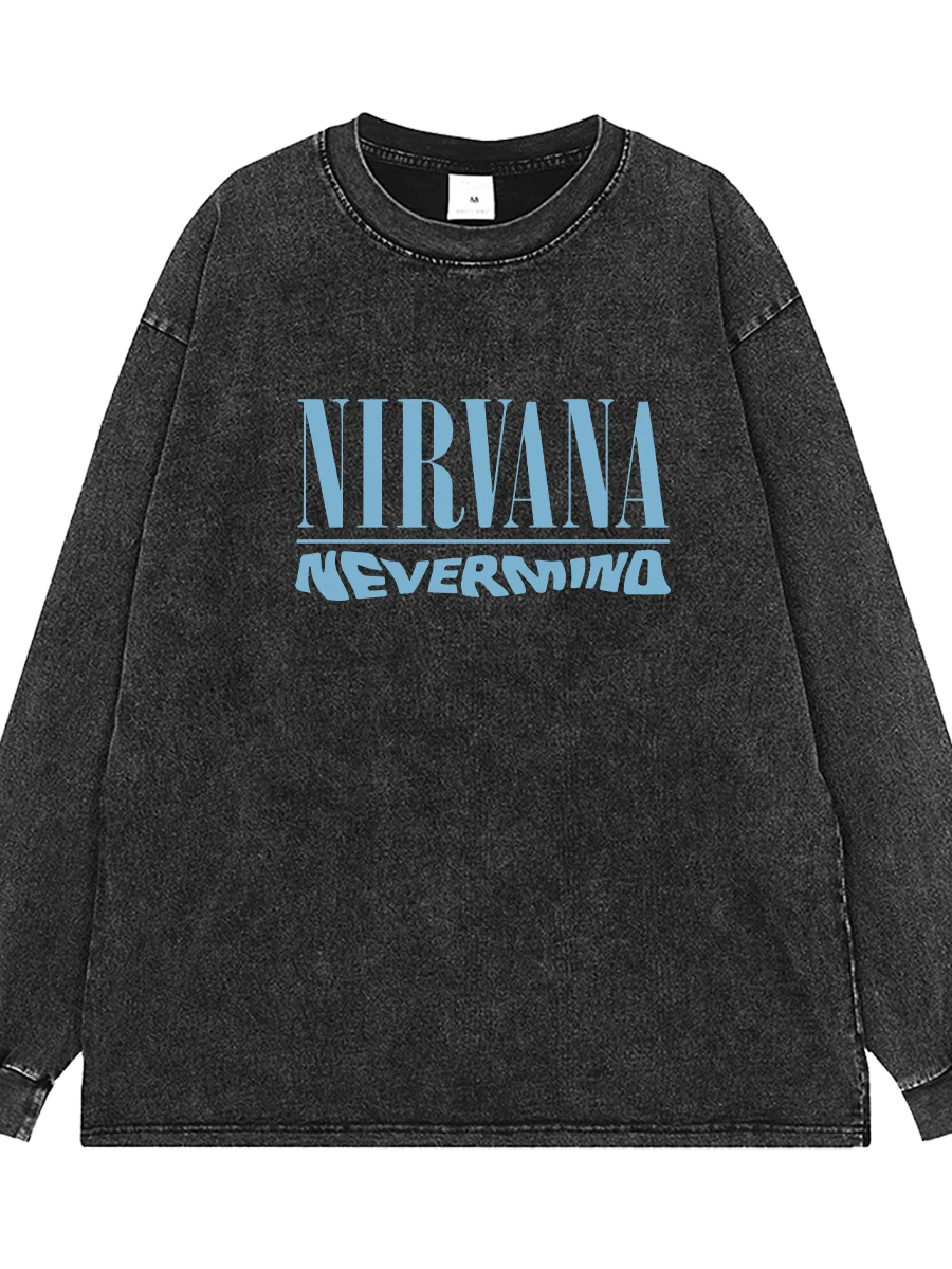 Washed Vintage American Loose Shoulder Long Sleeve T-Shirt  Band Nevermind Retro Style Casual Wear for Youth