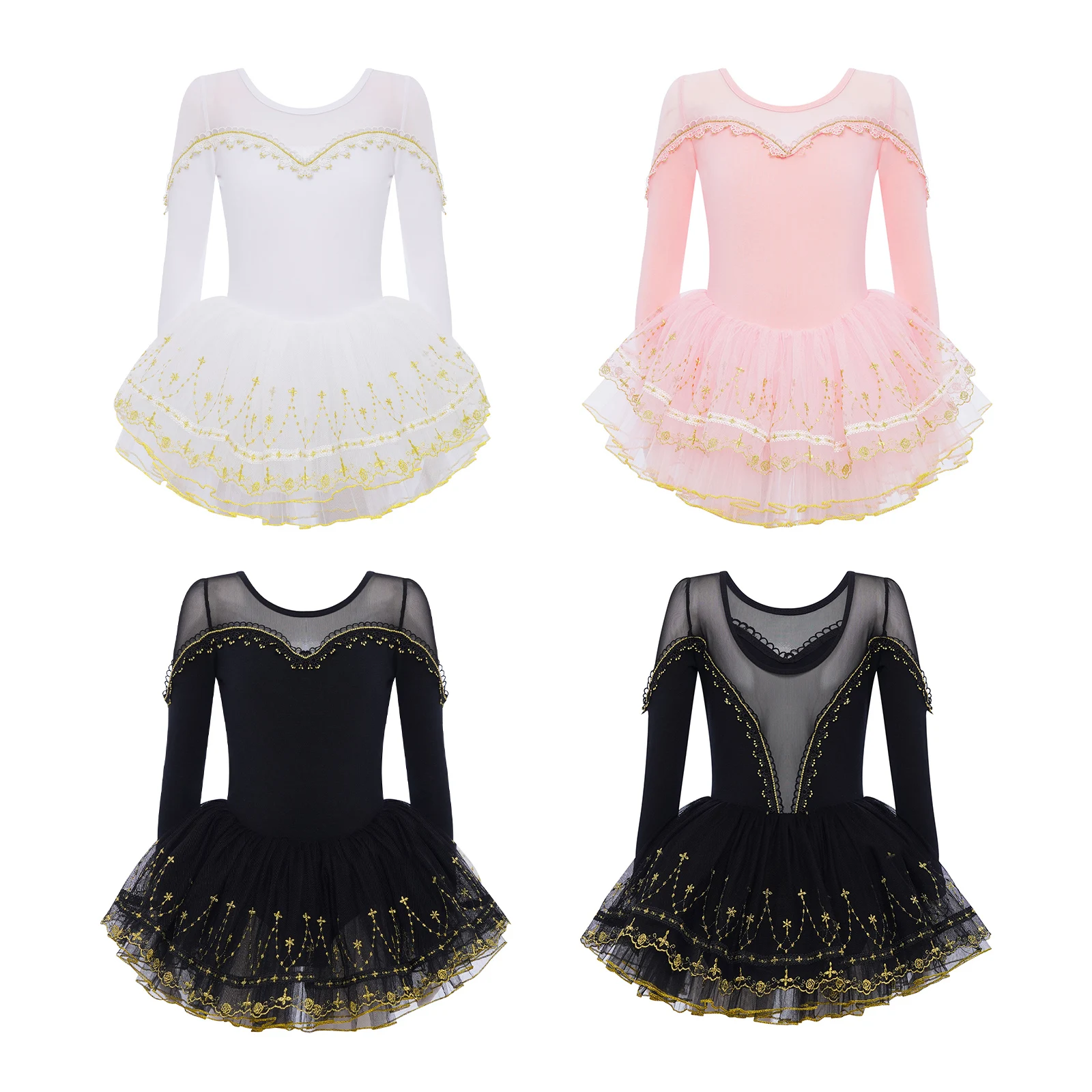 Costume da tutù per balletto per bambini Vestito da spettacolo per cigni per ragazze Manica lunga Maglia trasparente con finiture in pizzo Costume da principessa per tutù a strati