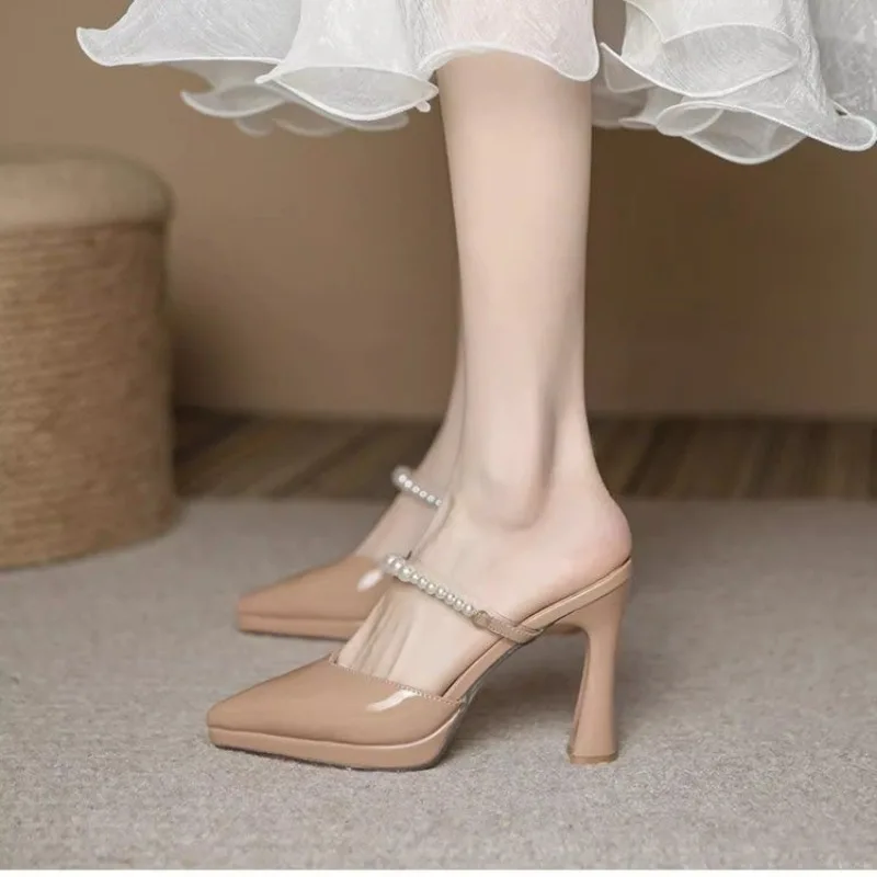 

Французские элегантные туфли-мюли на высоком каблуке с закрытым носком для женщин, летние, 2026 года, с острым носком, премиум-класса