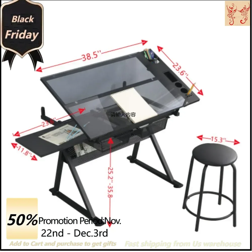 black adjustable tempered glass drafting printing table with chair Anti-slip & Anti-scratch Storage space Solid Construction